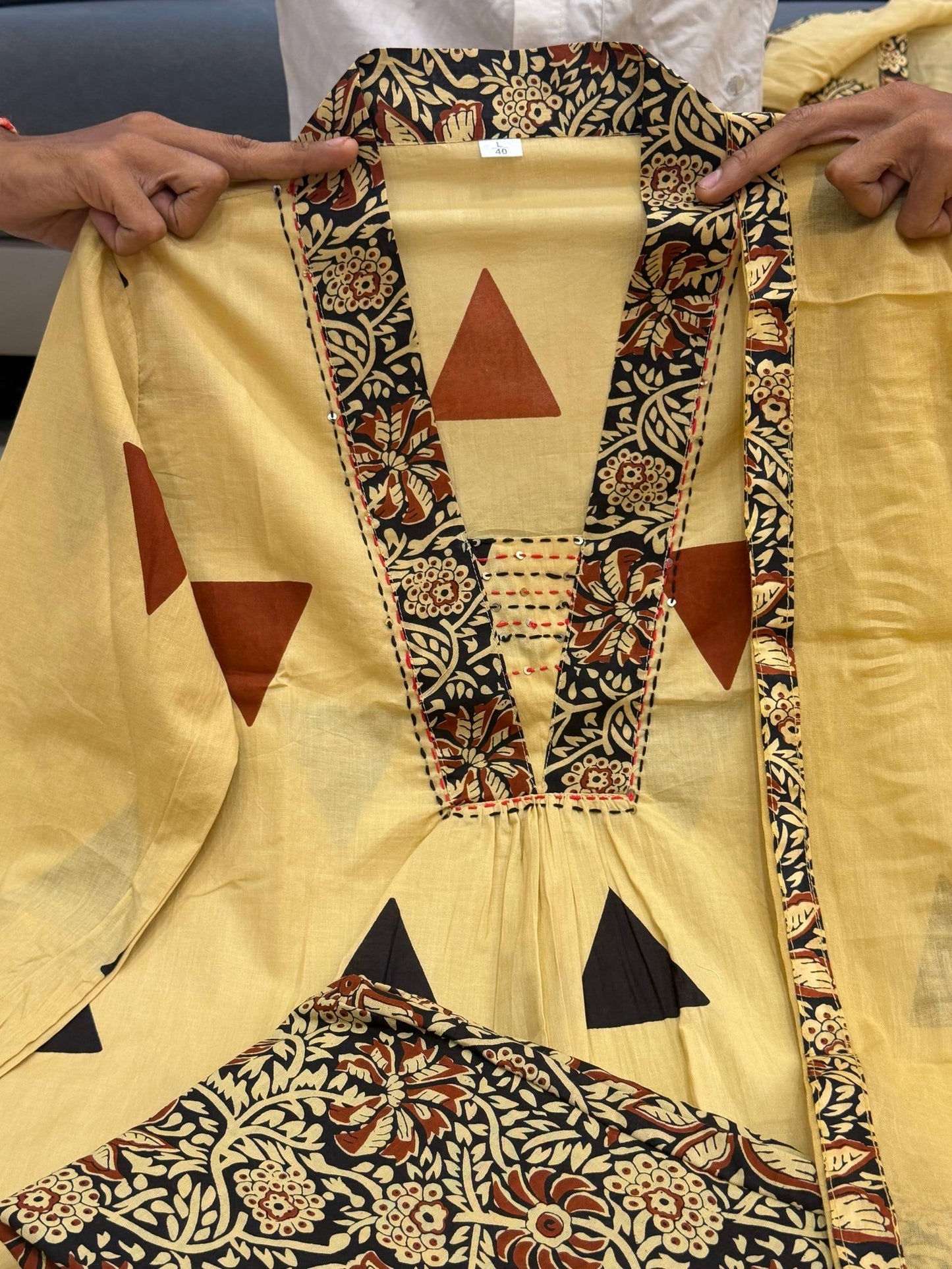 Beige Jaipuri Cotton Kurta Suit Set With Ajarakh Print