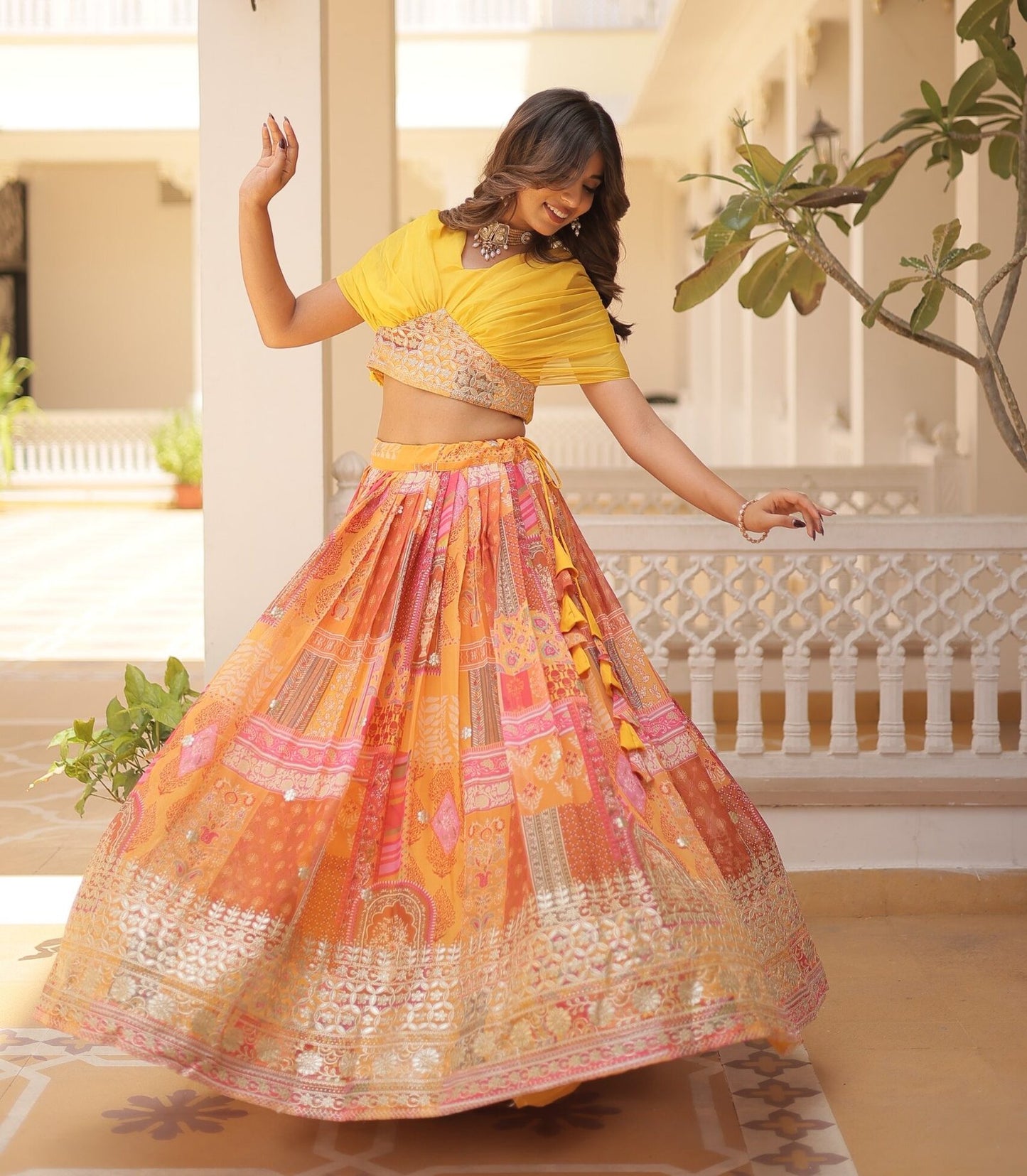 Orange Russian Silk Lehenga Choli With Foil Embroidery Work.