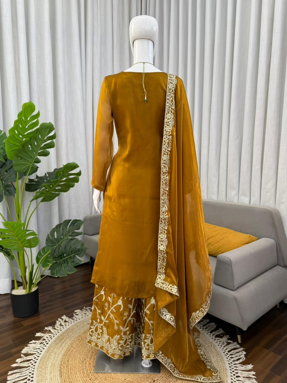 Elegant Mustard Yellow Jimmy Choo Silk Palazoo Suit With Sequins Work