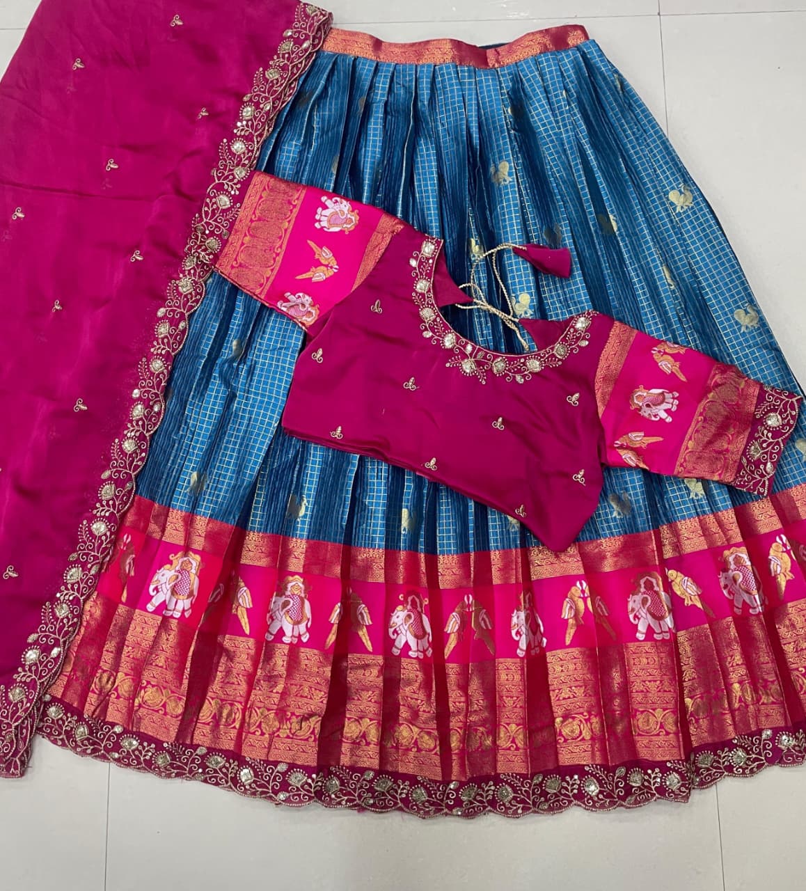Pink Premium Kanjivaram Silk Lehenga With Designer Maggam Work Blouse