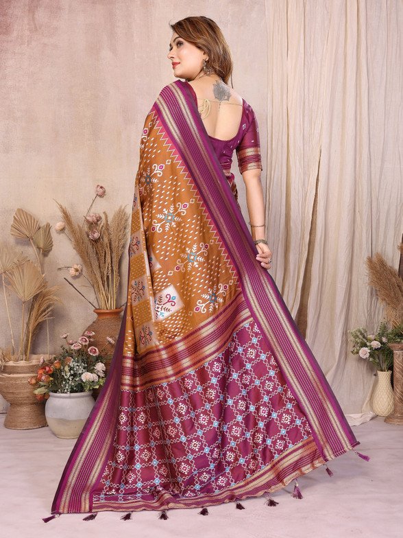 Wine Brown Soft Silk Ikkat Weaving Saree With Rich Zari Border