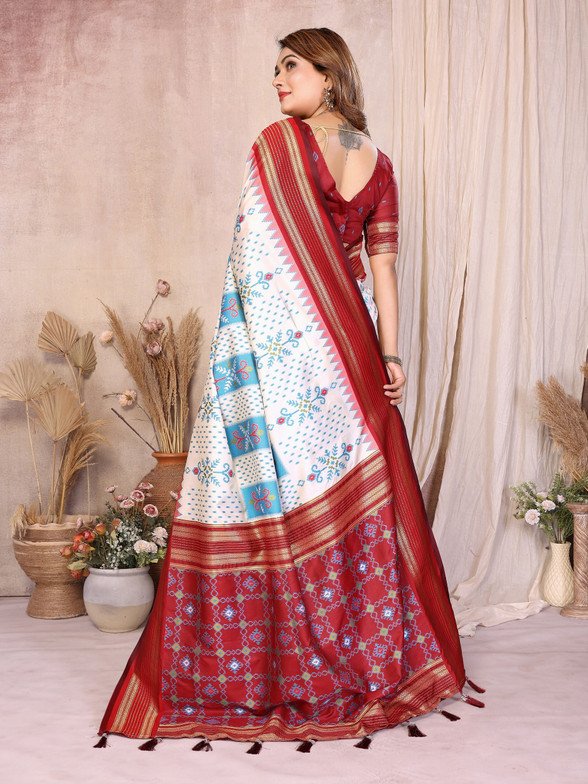 White Soft Silk Ikkat Weaving Saree With Rich Zari Border