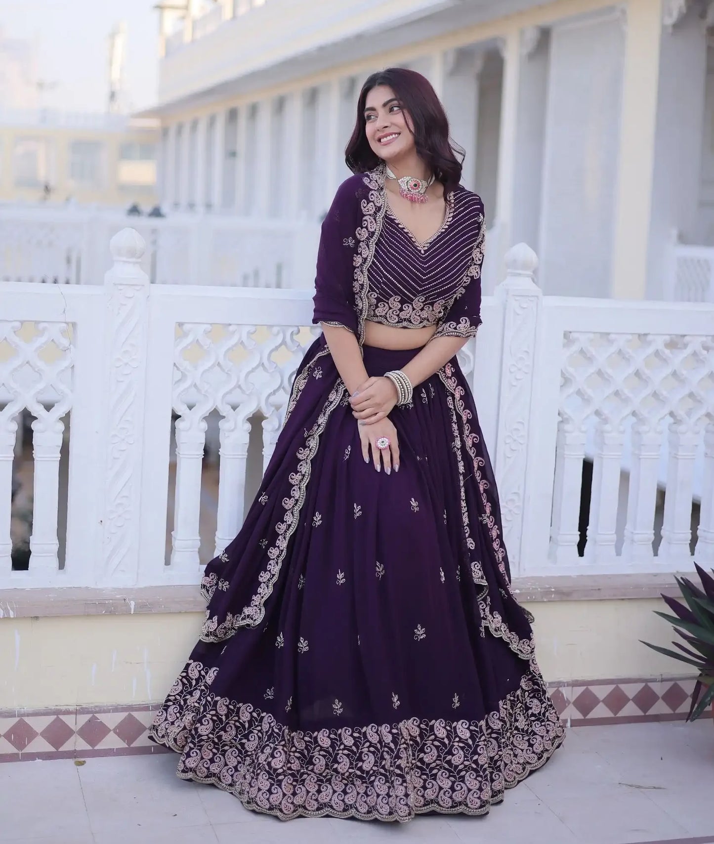 Gorgeous Dark Purple Faux Blooming Lehenga Choli With Sequins