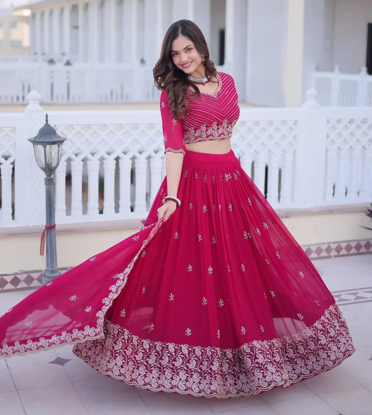 Stunning Pink Faux Blooming Embroidered Lehenga Choli