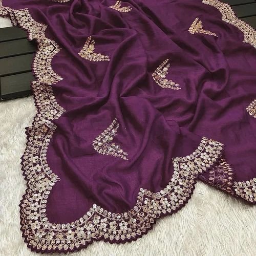 Fabulous Wine Silk Saree With Sequins Work On Blouse
