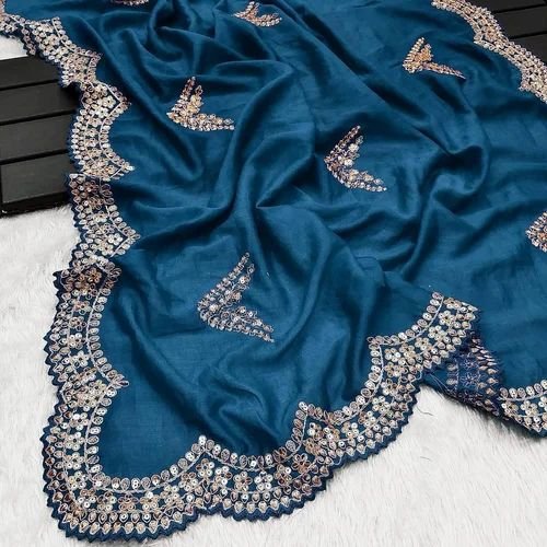 Teal Blue Silk Saree With Sequins Work On Blouse