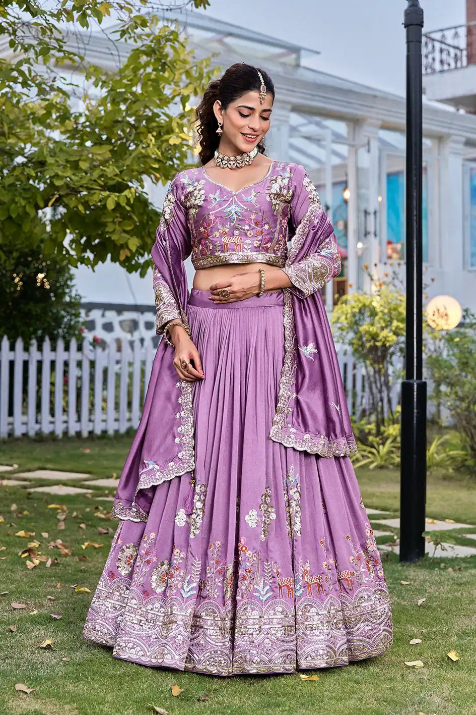 Classy Lavender Vichitra Silk Embroidered Lehenga Choli