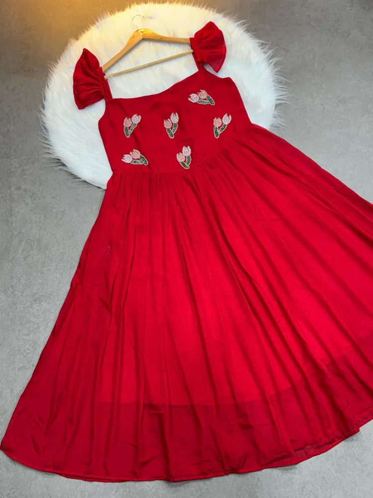 Classy Red Vichitra Silk Gown With Beads And Kardana Handwork