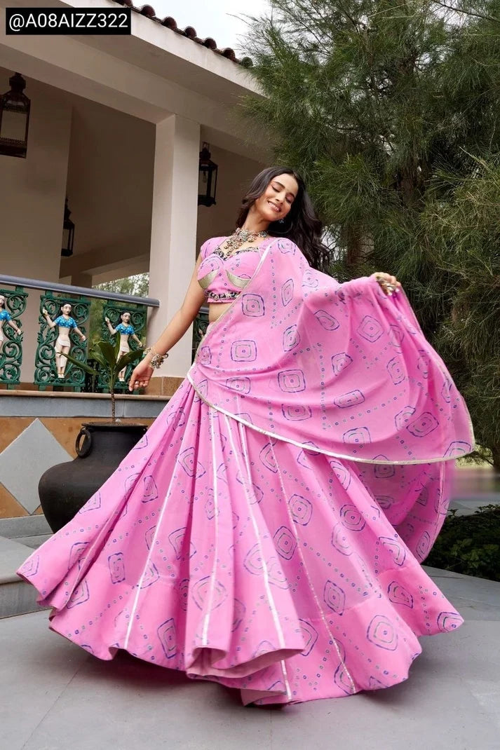 Woman wearing a Premium Pink Garba Festive Lehenga Choli, a comfortable Garba outfit for Navratri.