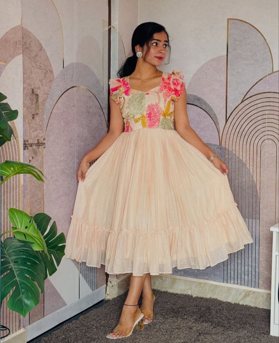 Beautiful Pure Mul Chanderi Frock with Handwork