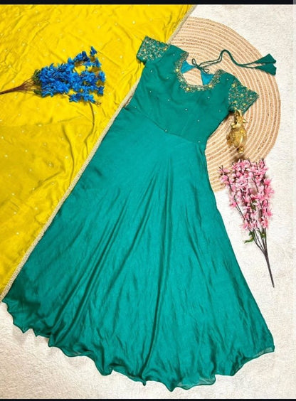 Stunning Green Silk Anarkali Gown With Embroidered Work