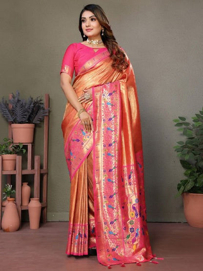 Peach Orange Pure Banarasi Tissue Silk Saree With Butti Weave