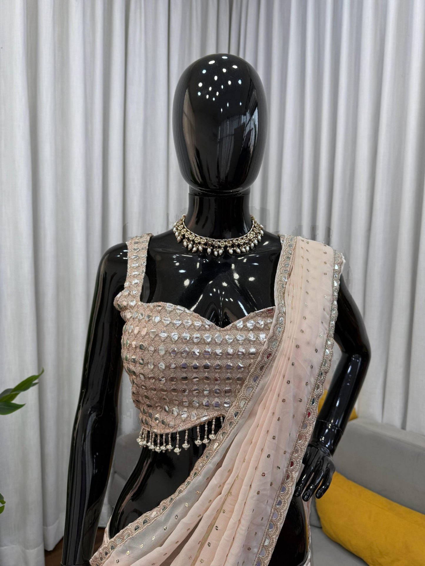 Fancy Cream Faux Georgette Ready-To-Wear Saree With Latkan Border
