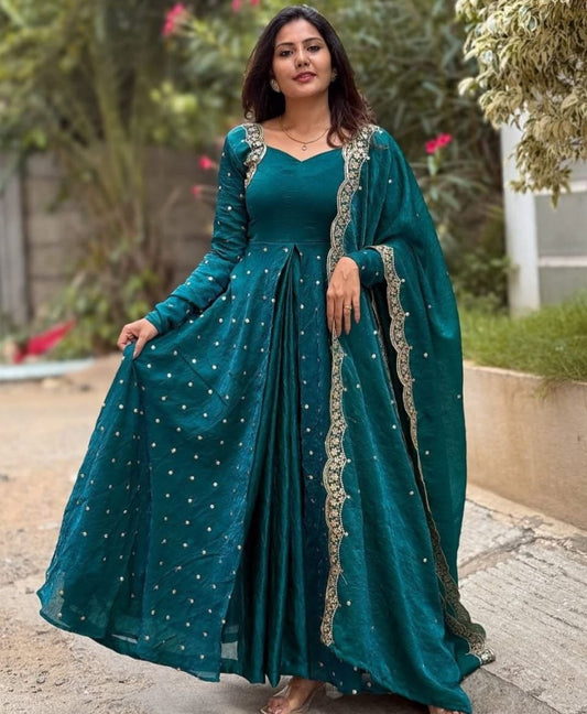 Elegant Silk Anarkali With Sequin Work Dupatta