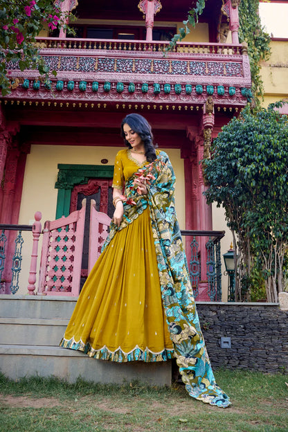 Yellow Vichitra Silk Lehenga Choli With Sequins Embroidery Work
