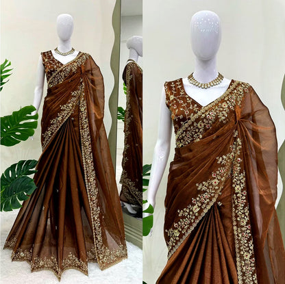 Gorgeous Brown Barbari Silk Saree With Sequins Work