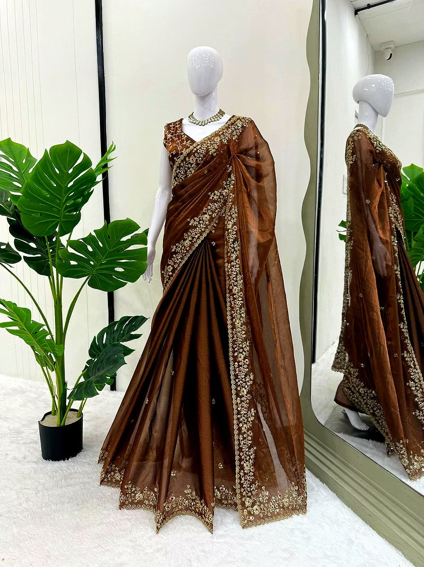 Gorgeous Brown Barbari Silk Saree With Sequins Work