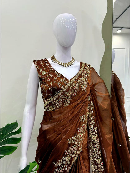 Gorgeous Brown Barbari Silk Saree With Sequins Work