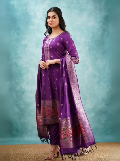 Classy Purple Paithani Silk Salwar Suit With Zari Dupatta