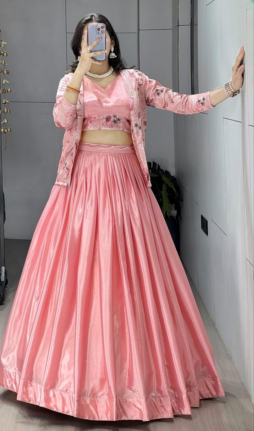 Trendy Pink Chinon Ready-To-Wear Lehenga Set With Floral Work