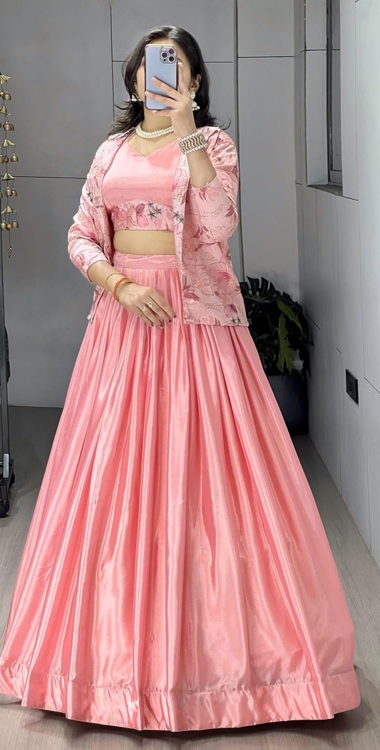 Trendy Pink Chinon Ready-To-Wear Lehenga Set With Floral Work