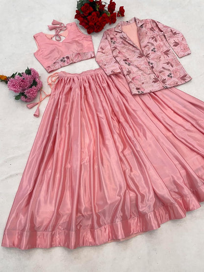 Trendy Pink Chinon Ready-To-Wear Lehenga Set With Floral Work