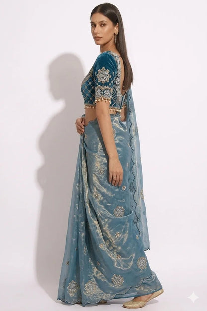 Fabulous Teal Blue Fendy Satin Saree With Buttis Work