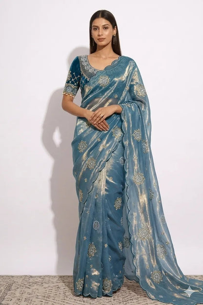 Fabulous Teal Blue Fendy Satin Saree With Buttis Work