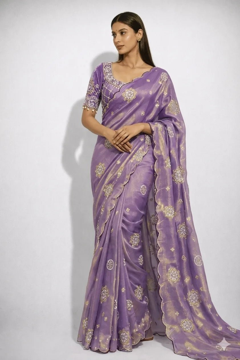 Stunning Lavender Fendy Satin Saree With Buttis Work