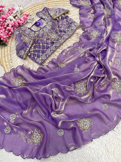 Stunning Lavender Fendy Satin Saree With Buttis Work