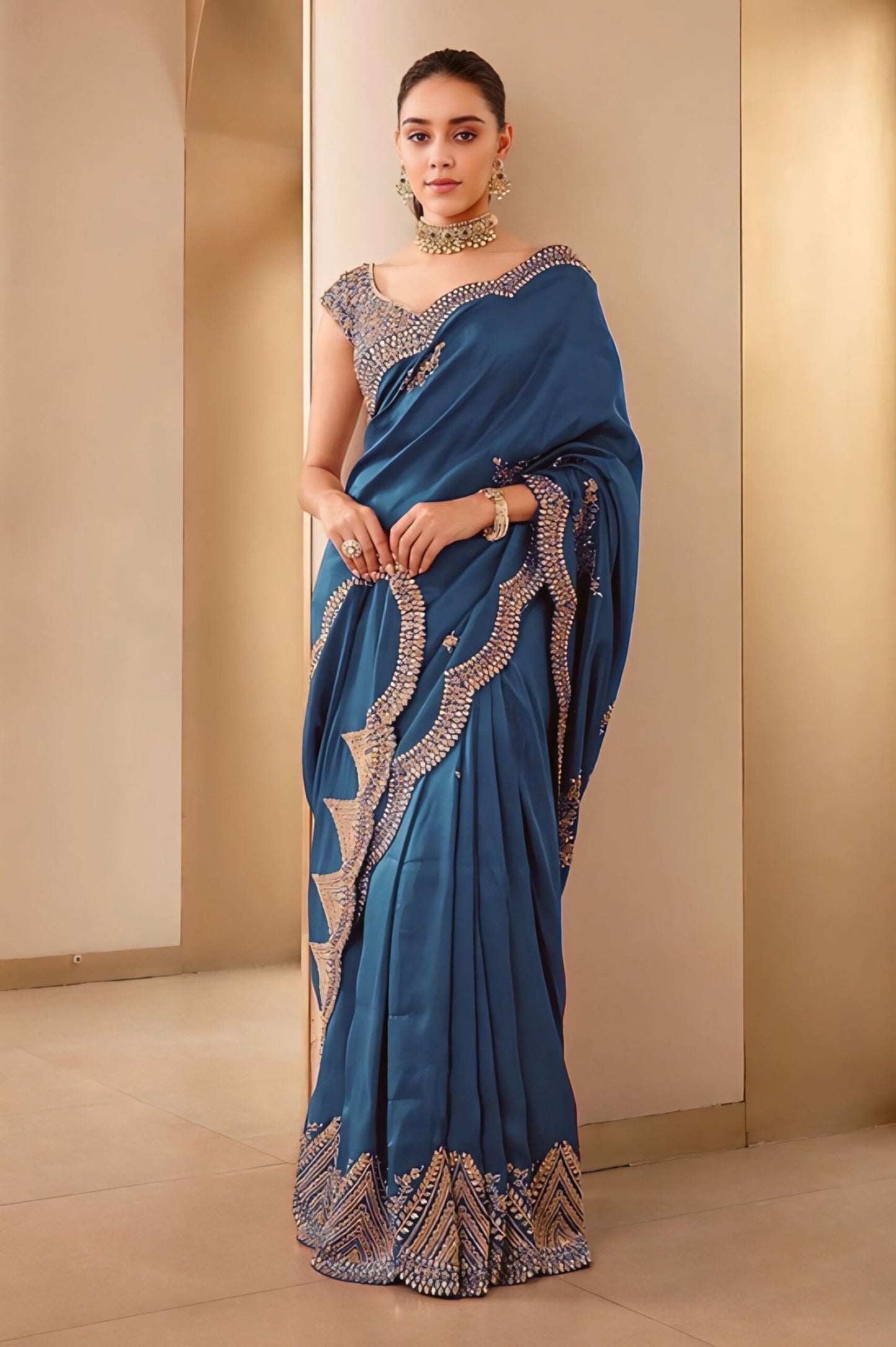 Teal Blue Silk Saree With Sequins Work On Blouse