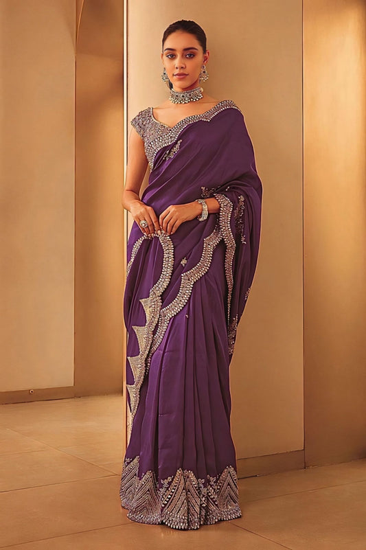 Fabulous Wine Silk Saree With Sequins Work On Blouse
