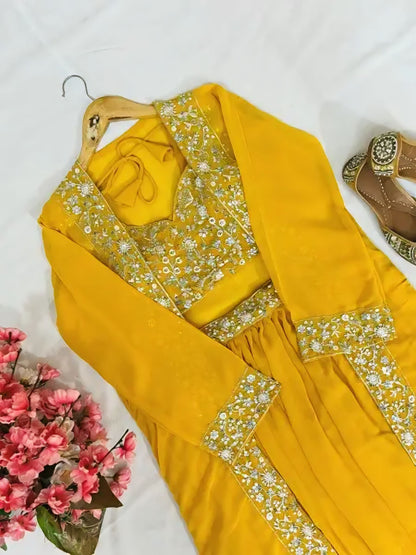 Fusion Empire Mustard Yellow Indo-Western Georgette Lehenga