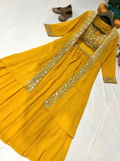 Fusion Empire Mustard Yellow Indo-Western Georgette Lehenga