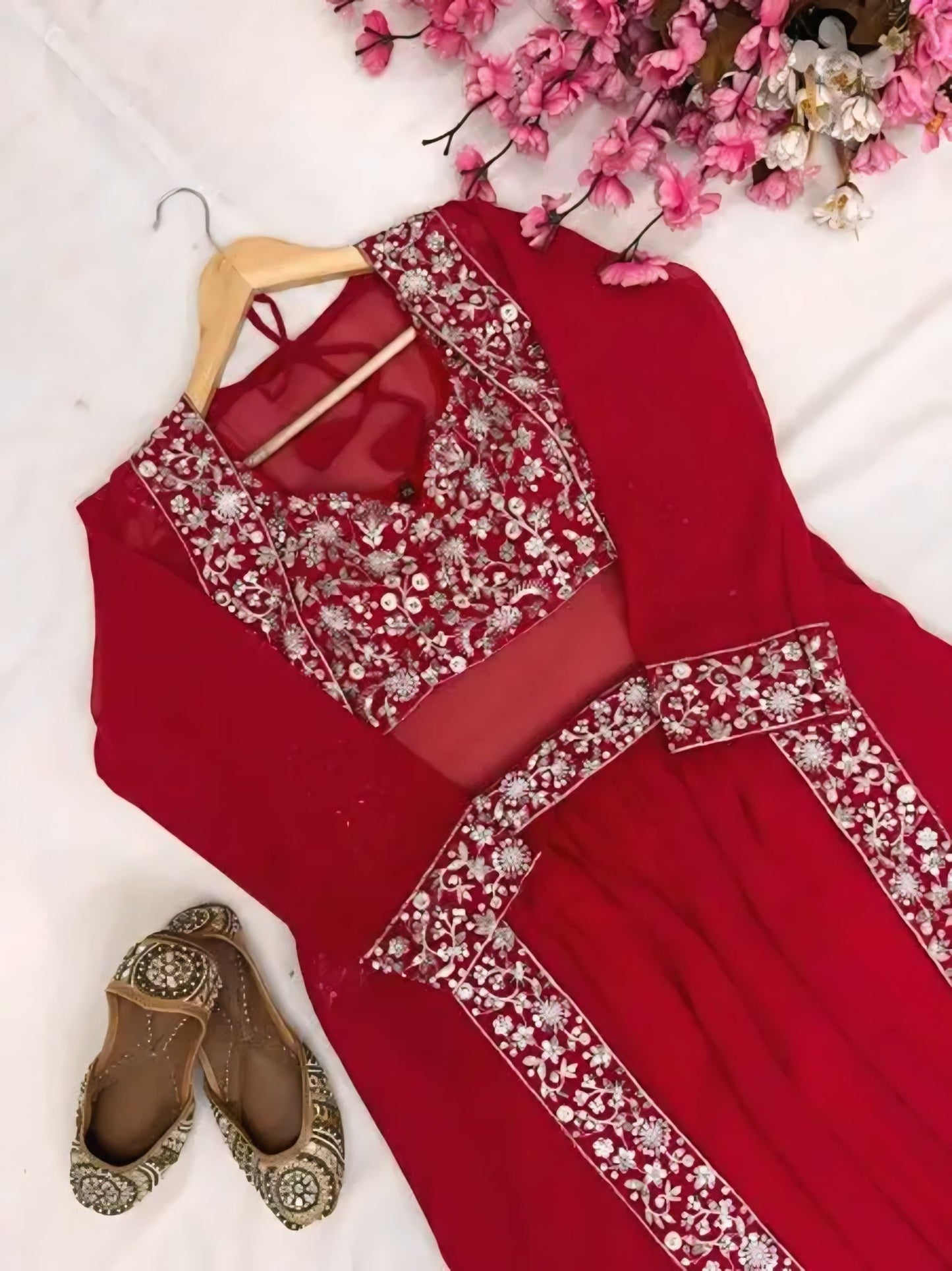 Fusion Red Indo-Western Georgette Lehenga With Shrug