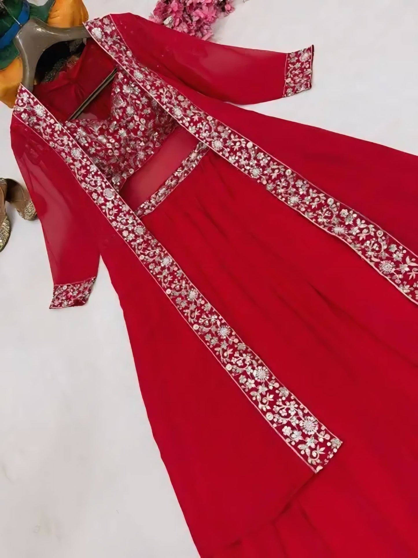 Fusion Red Indo-Western Georgette Lehenga With Shrug