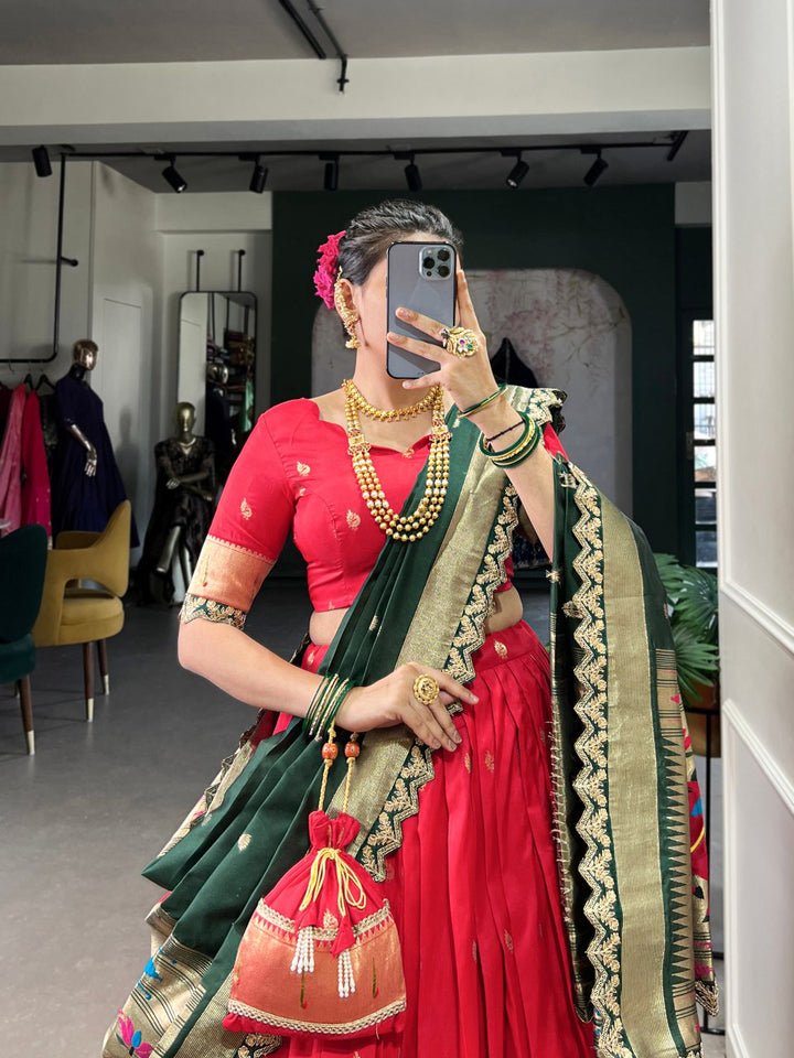 Latest Red Jacquard Silk Paithani Lehenga Choli With Sequins Work