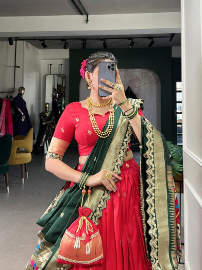 Latest Red Jacquard Silk Paithani Lehenga Choli With Sequins Work