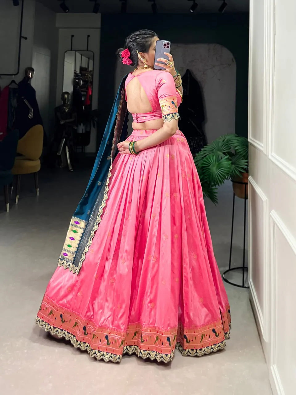 Trending Pink Jacquard Silk Paithani Lehenga With Sequins Work