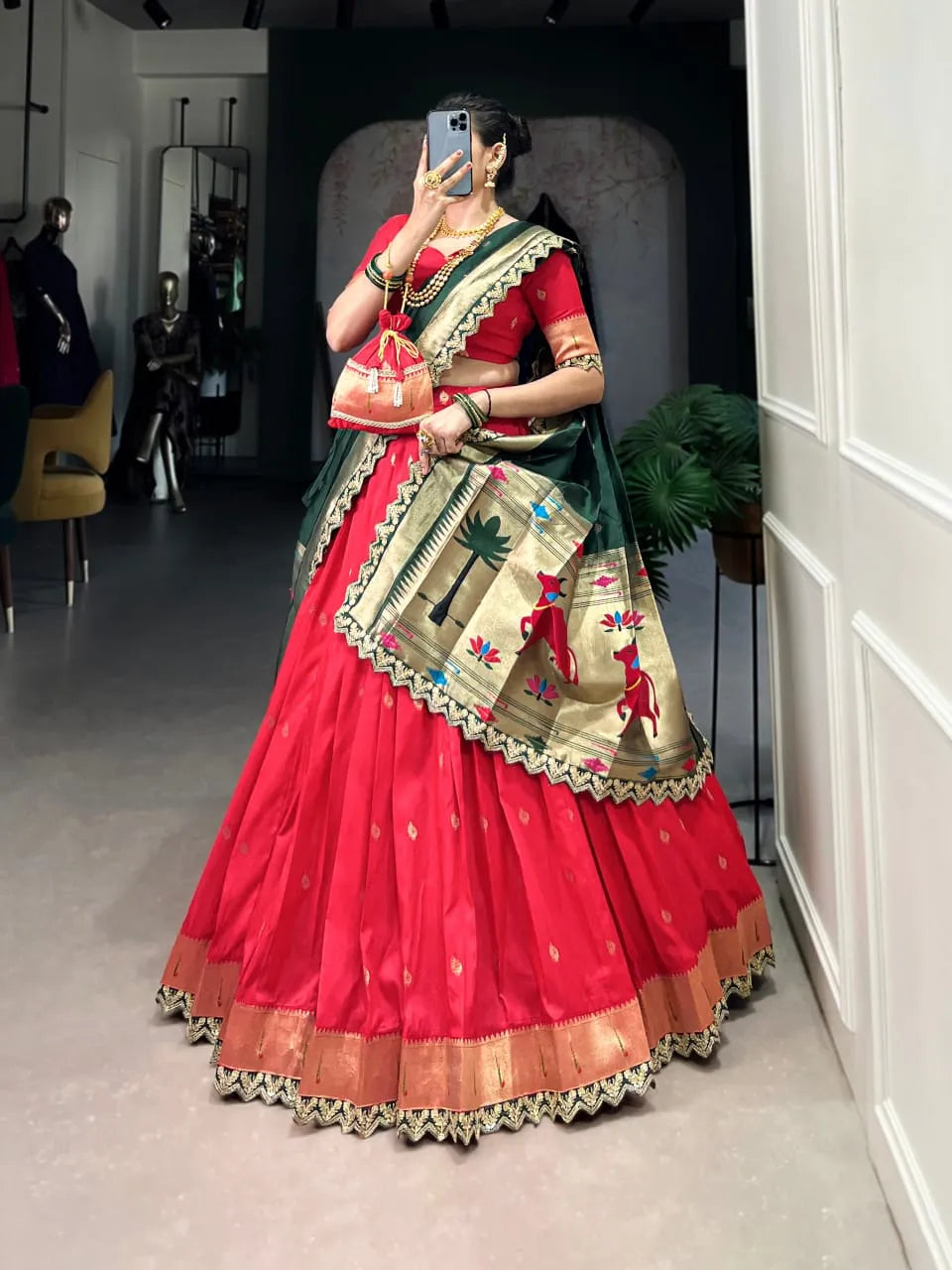 Latest Red Jacquard Silk Paithani Lehenga Choli With Sequins Work