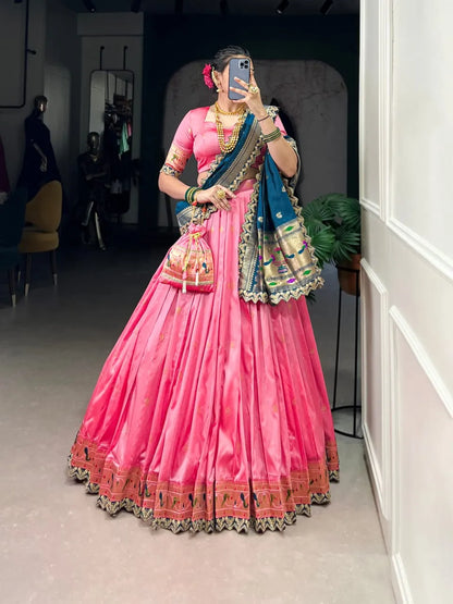 Trending Pink Jacquard Silk Paithani Lehenga With Sequins Work