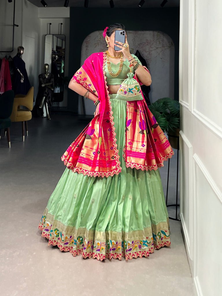 Green Jacquard Silk Paithani Lehenga With Sequins Work