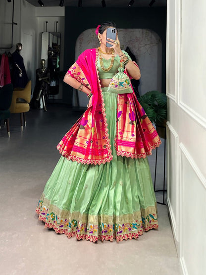 Green Jacquard Silk Paithani Lehenga With Sequins Work