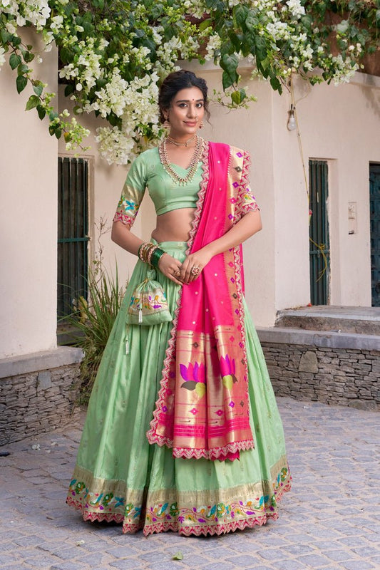 Green Jacquard Silk Paithani Lehenga With Sequins Work