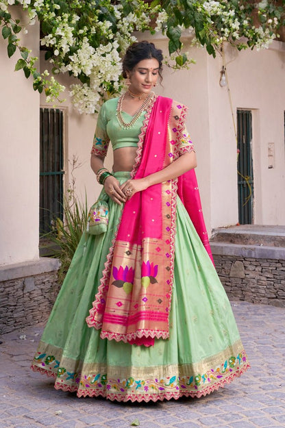 Green Jacquard Silk Paithani Lehenga With Sequins Work