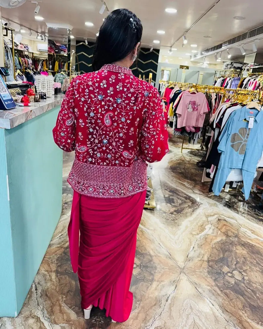 Fusion Pink Satin Crepe Ready To Wear Saree With Sequins Work