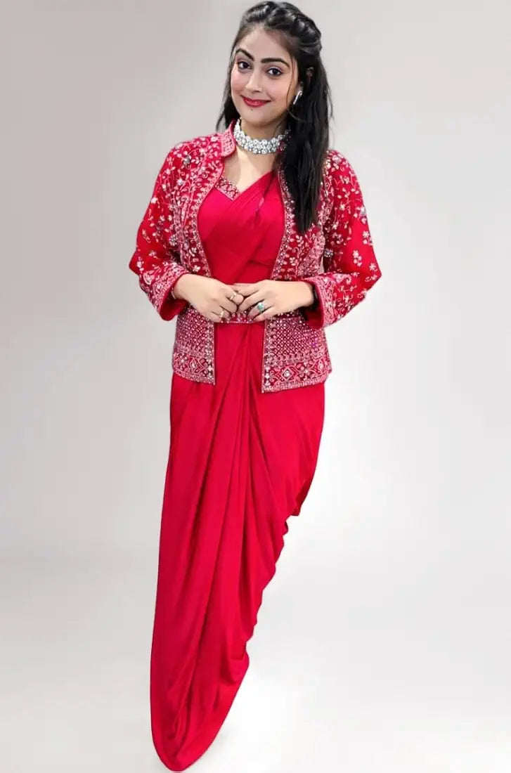 Fusion Pink Satin Crepe Ready To Wear Saree With Sequins Work