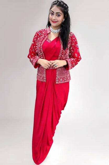 Fusion Pink Satin Crepe Ready To Wear Saree With Sequins Work