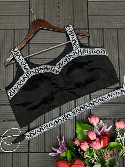 Gorgeous Black Satin Crepe Ready-To-Wear Saree With Sequins Work
