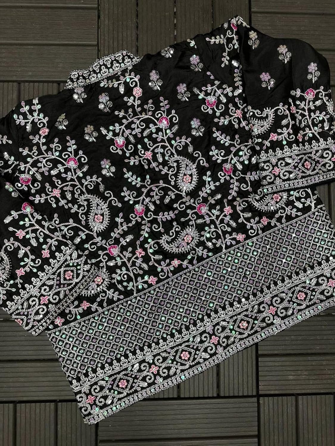 Gorgeous Black Satin Crepe Ready-To-Wear Saree With Sequins Work